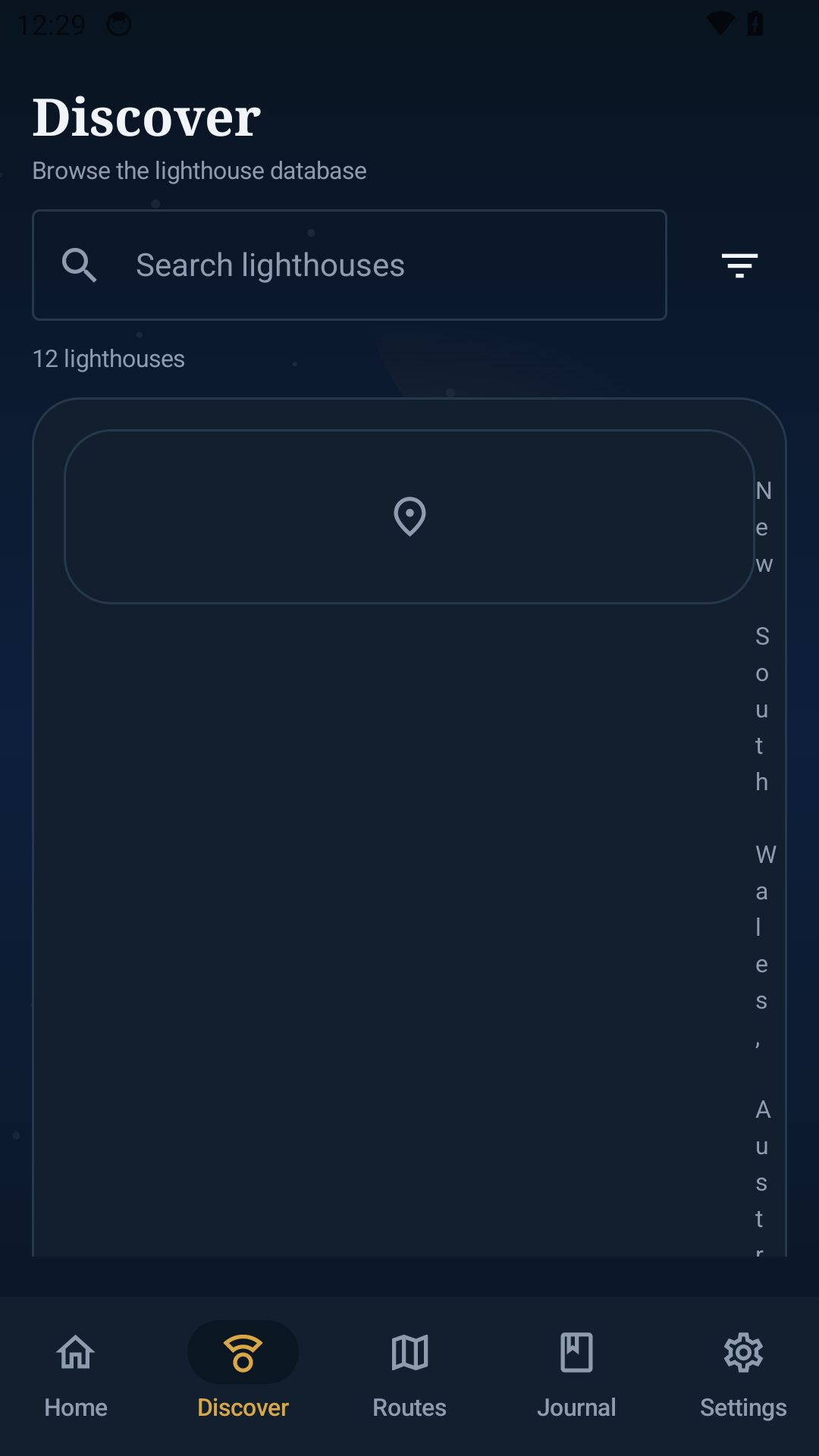 Lighthouse Log discovery screen