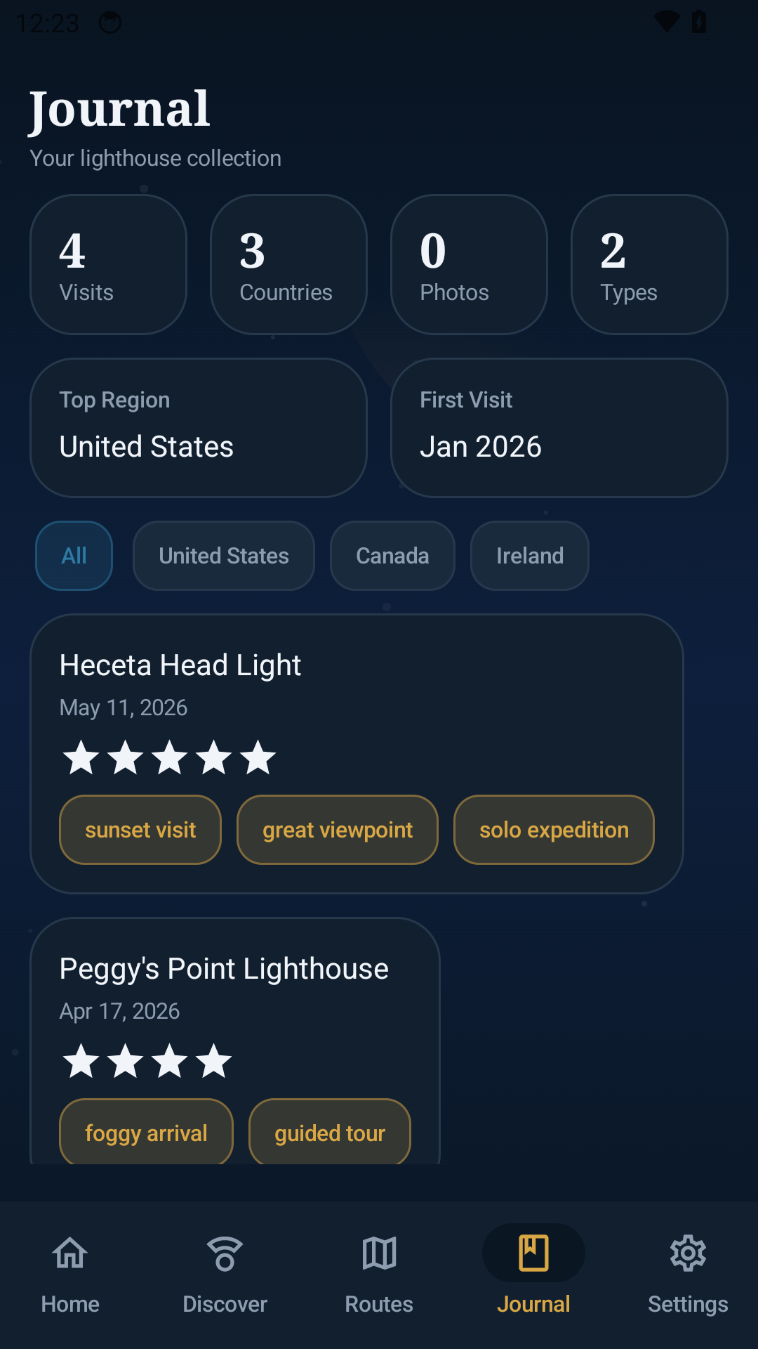 Lighthouse Log journal screen